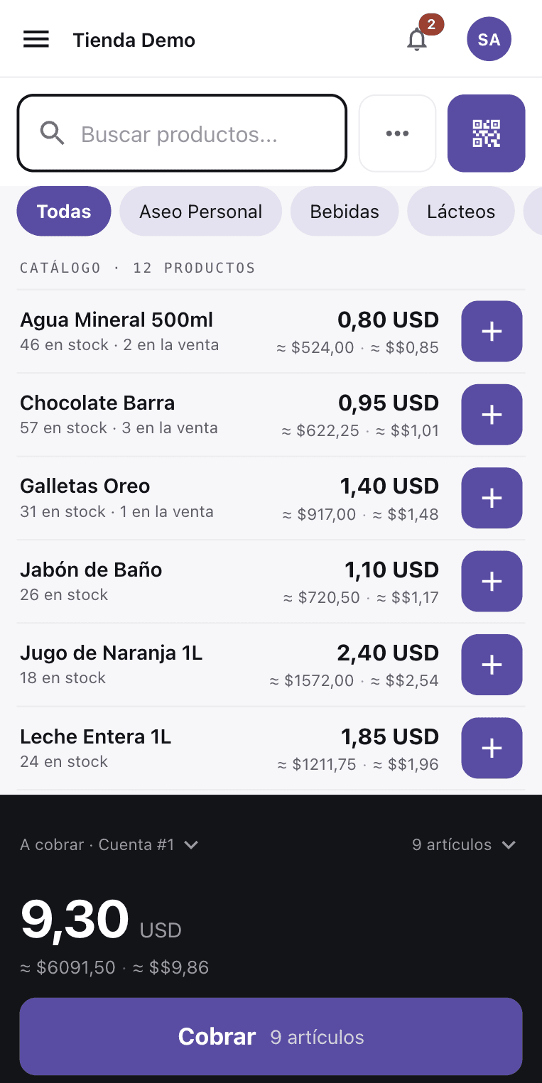 El punto de venta en un teléfono: catálogo, carrito y el total a cobrar